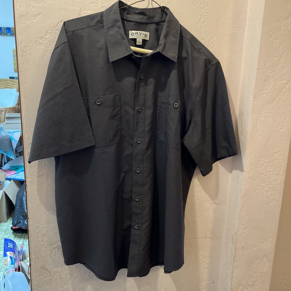Orvis Men's Gray Solid Lg Short Sleeve Button-Up Shirt Polyester Pockets